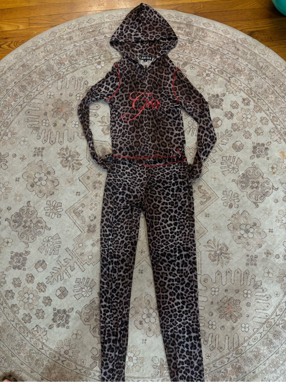 I.AM.GIA Brown Leopard Hooded Two Set with Red Trim